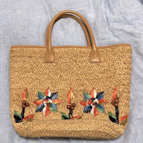 Tory Burch Rae Floral Raffia Embellished Lined Straw Tote Bag w Leather Straps - Picture 3 of 6